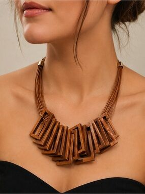 Italian Jewelry Statement Brown Wooden Geometric Multi Strand Necklace NWOT